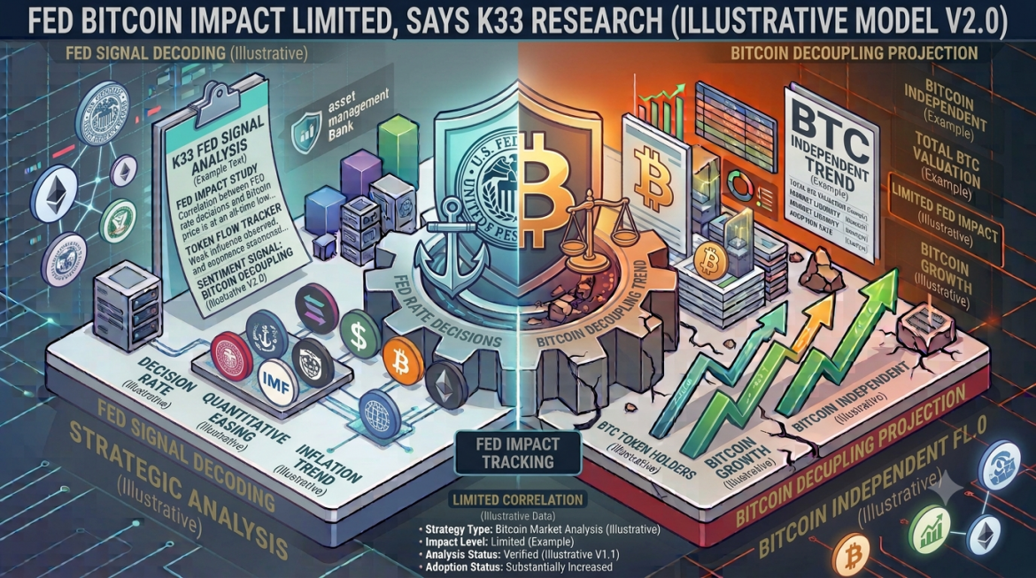 A dual-themed isometric macro research infographic split down the center by a central gear mechanism and split shield. The left side is styled in cool cyan and blue under the label "FED SIGNAL DECODING," displaying Federal Reserve policy analysis with a clipboard reading "K33 FED SIGNAL ANALYSIS," central bank seals, and network nodes. The right side transitions into a warm orange and dark grid theme labeled "BITCOIN DECOUPLING PROJECTION," featuring a central gear marked "BITCOIN DECOUPLING TREND," a split shield displaying the US Federal Reserve seal opposite a golden Bitcoin logo with balance scales, a glowing green upward growth chart labeled "BTC INDEPENDENT TREND," and a document displaying "BTC DECOUPLING SIGNAL." A log panel titled "LIMITED IMPACT TRACKING" summarizes the finding.