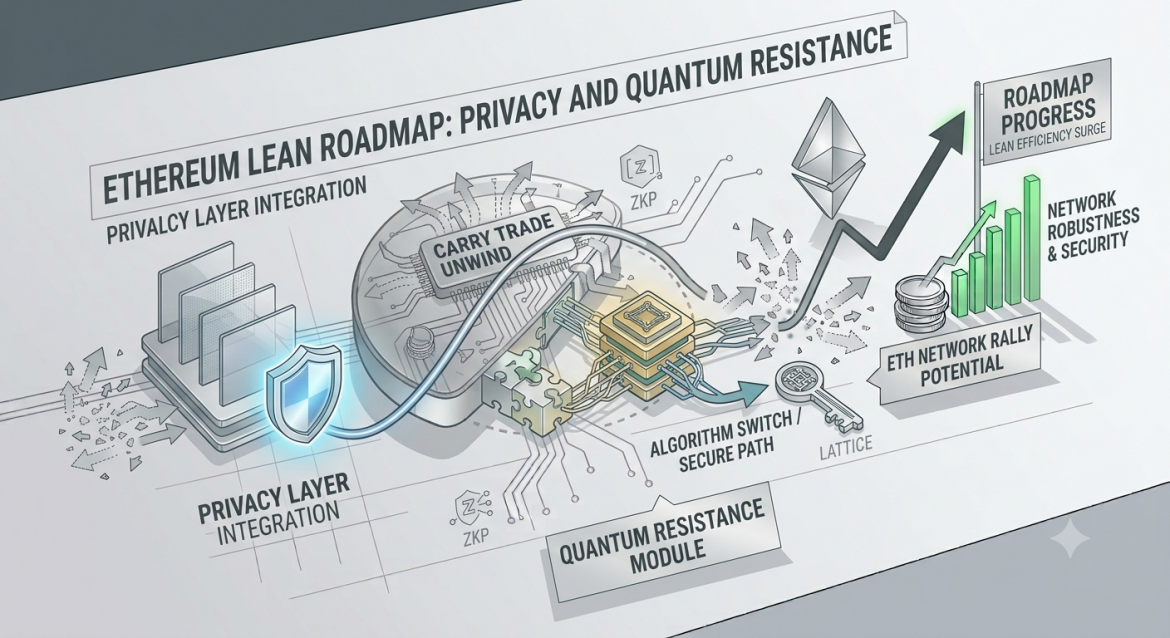 Isometric technical infographic diagram illustrating the new Ethereum Roadmap's focus on Privacy Layer Integration and a Quantum Resistance Module, showing a silver ETH symbol and chart performance.