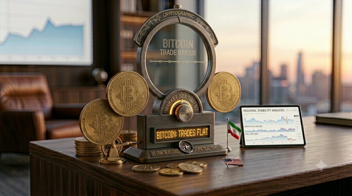 A customized dark metal and glass market tracking device on an executive desk at twilight, conceptually monitoring a Bitcoin price decline. The central display shows "BITCOIN PULLS BACK" with a declining chart. An LED screen reads "BTC: GEOPOLITICAL PULLBACK", and the base is engraved with "IRAN REJECTS PEACE TALKS | REGIONAL VOLATILITY FEED". Several large gold Bitcoin coins act as weights, and a tablet displaying regional stability data sits nearby in a sophisticated corporate office.