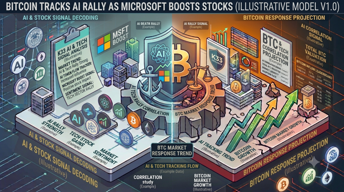 A detailed isometric infographic visualization mapping how Bitcoin's price movements correlate with tech sector rallies and Microsoft’s performance. The composition is split by color and theme, connected by a large central gear core. A central shield features the interwoven logos for Artificial Intelligence and Microsoft on the left, opposing a glowing Bitcoin 'B' logo on a balance scale on the right. The top title banner reads: 'BITCOIN TRACKS AI RALLY AS MICROSOFT BOOSTS STOCKS (ILLUSTRATIVE MODEL V1.0)'. The left half, in cool cyan, features a detailed flow tracker and a clipboard with analysis text like 'AI & Tech Rally Strong' and numerous illustrative tech logos. The right half, in warm gold, visualizes the result with massive green upward growth charts and extensive data tables detailing 'AI TRACKING TREND (Illustrative)' and 'AI CORRELATION SIGNAL (Example Data)'. Data blocks detail performance metrics. A bottom center status panel provides log updates. All specific numbers are illustrative examples.