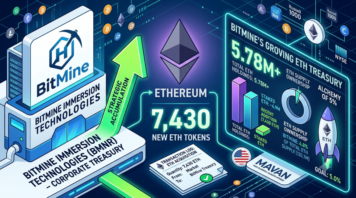 An isometric corporate infographic displaying details of a massive Ethereum acquisition by BitMine. On the left, a high-tech corporate structure features the "BitMine" logo with a pickaxe and text reading "BITMINE IMMERSION TECHNOLOGIES – CORPORATE TREASURY." A thick, upward-pointing neon-green arrow labeled "STRATEGIC ACCUMULATION" rises from the base. In the center, a large 3D Ethereum diamond logo sits above the text "ETHEREUM: 7,430 NEW ETH TOKENS" and a printed transaction receipt sheet. The right side features a large glowing blue digital dashboard titled "BITMINE'S GROWING ETH TREASURY," highlighting metrics like "5.78M+ TOTAL ETH HOLDINGS," a bar chart comparing staked and total assets, a circular ownership pie chart showing "BITMINE: 4.8% OF TOTAL ETH SUPPLY," and a rocket ship emblazoned with an ETH logo pointing toward a "GOAL: 5.0%" milestone. The background features dark blue circuitry paths populated by small floating cryptocurrency coins.