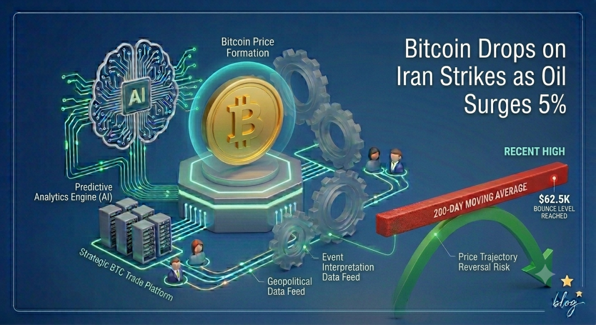 A detailed 3D conceptual infographic on a deep blue background with glowing data lines. On the left, an AI neural brain links to server racks and small regulator figures via green data paths. A large golden Bitcoin coin stands centrally on a pedestal. Large white text on the right declares: 'Bitcoin Drops on Iran Strikes as Oil Surges 5%'. A red resistance bar is labeled '200-DAY MOVING AVERAGE' and '$62.5K BOUNCE LEVEL REACHED'. A large downward-curving green data arrow labeled 'Price Trajectory Reversal Risk' plunges from a 'RECENT HIGH' towards the base, integrated with a red data point. A tiny star icon is in the lower right.