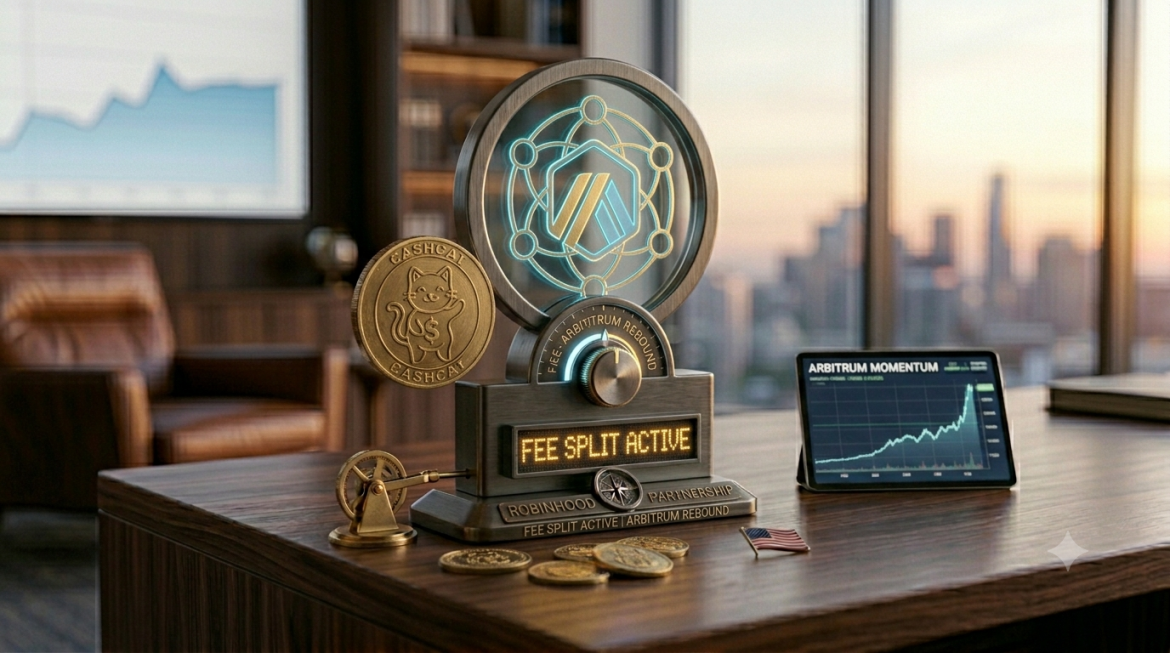 A conceptual dark metal and glass display unit on an executive desk at twilight, celebrating the 'Robinhood Chain Fee Split' with an illuminated turquoise flow chart and text 'FEE SPLIT ACTIVE.' A large commemorative cat-logo coin is to the left, and a small tablet showing an Arbitrum upward data chart is to the right in a sophisticated corporate office.