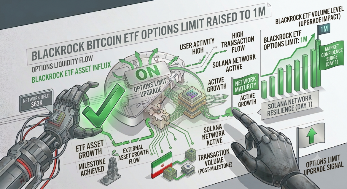 A detailed technical infographic in an isometric style with two robot hands, a vibrant green color scheme, a soaring bar chart, and a network core, visualizing the announcement that the BlackRock Bitcoin ETF options limit was raised to 1,000,000. It shows an expansive network core labeled 'OPTIONS LIMIT UPGRADE', a prominent checkmark, and a flag text 'BLACKROCK ETF OPTIONS LIMIT: 1M' next to a peak data chart.