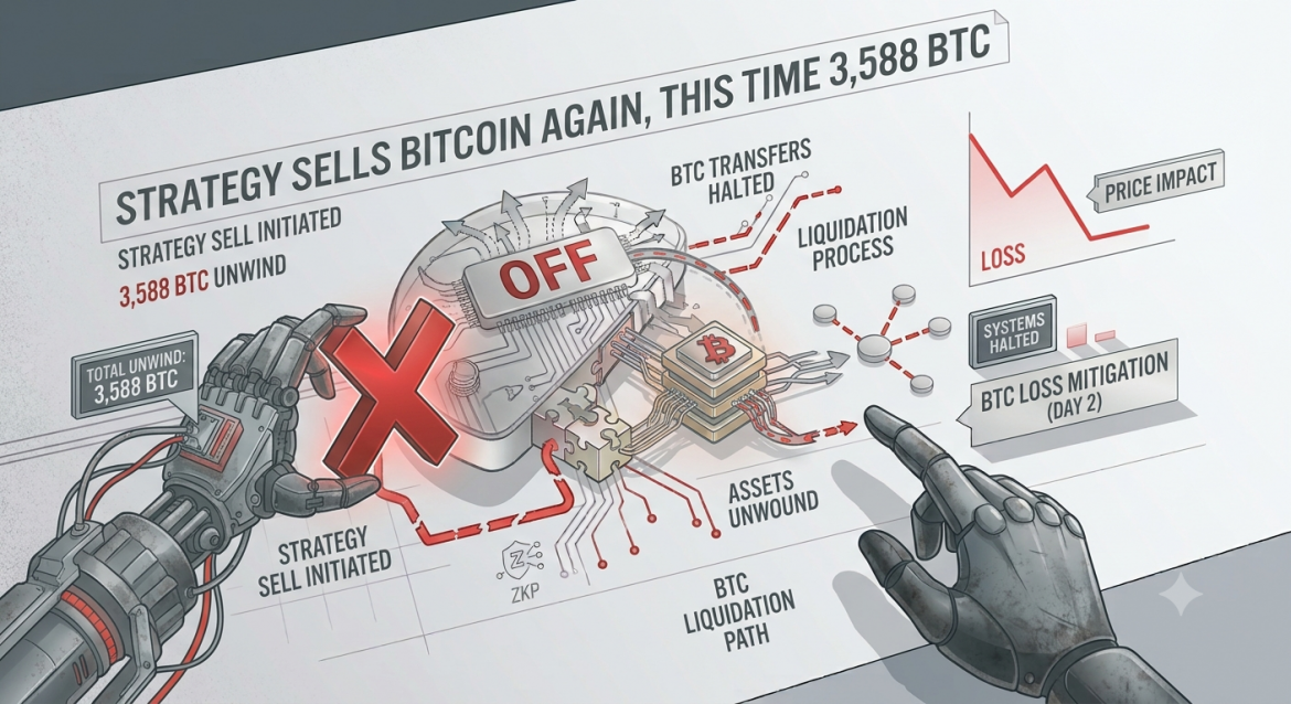 Isometric tech illustration of a red 'X' over a Bitcoin asset valve and a plummeting trend chart after a Strategy sale of 3,588 BTC.
