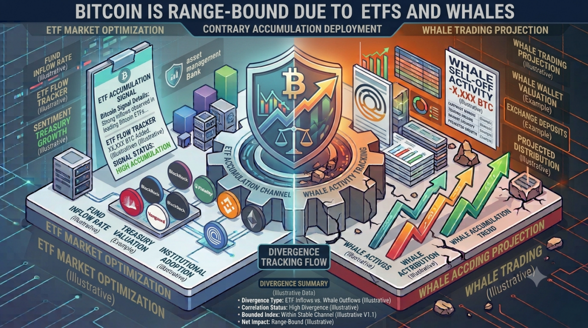 A dual-themed isometric market dynamics infographic split down the center by a central gear mechanism and balance scale emblem. The left side is styled in cool cyan and blue, displaying institutional ETF accumulation with text reading "ETF MARKET OPTIMIZATION," a clipboard showing "ETF ACCUMULATION SIGNAL," and asset manager logos including BlackRock, Fidelity, and Vanguard. The right side transitions into a warm orange and dark grid theme labeled "WHALE TRADING PROJECTION," featuring a gear marked "WHALE ACTIVITY TRACKING," an upward chart array labeled "WHALE ACCUMULATION TREND," and a document displaying "WHALE SELL-OFF ACTIVITY." A center log panel titled "DIVERGENCETRACKING FLOW" summarizes the opposing market forces keeping price range-bound.