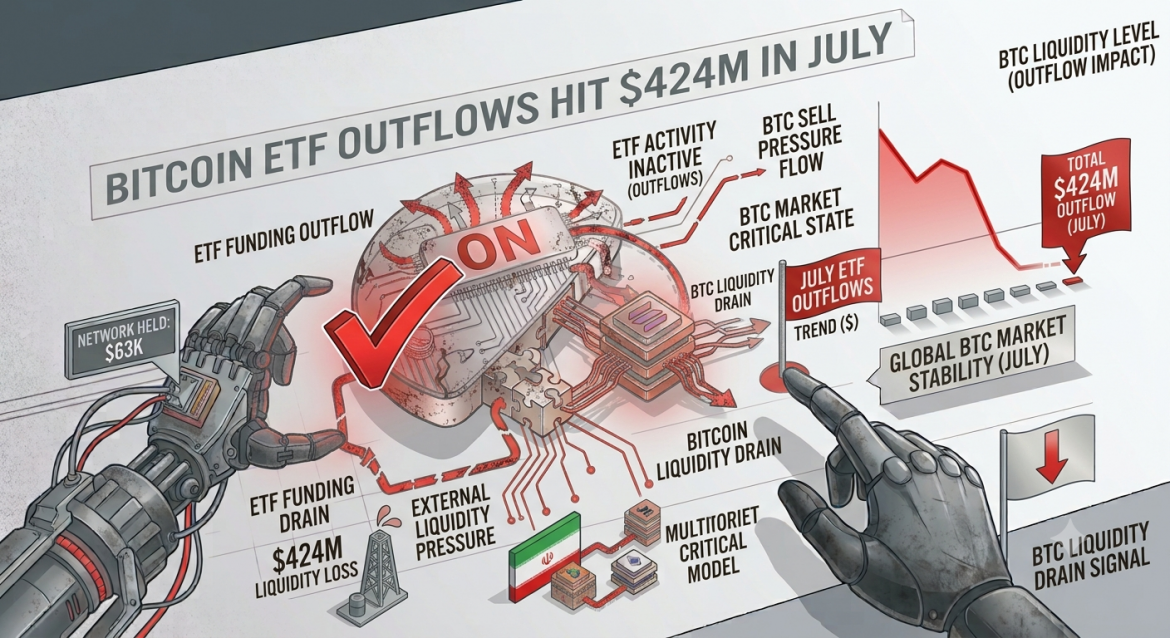 A detailed isometric technical diagram with robot hands, a distressed red color palette, a plunging line graph, and various data nodes, all visualizing the massive $424M funding drain from Bitcoin ETFs in July, marked by 'ETF Funding Outflow', 'Bitcoin Liquidity Drain', and 'Market Distress Signal'.