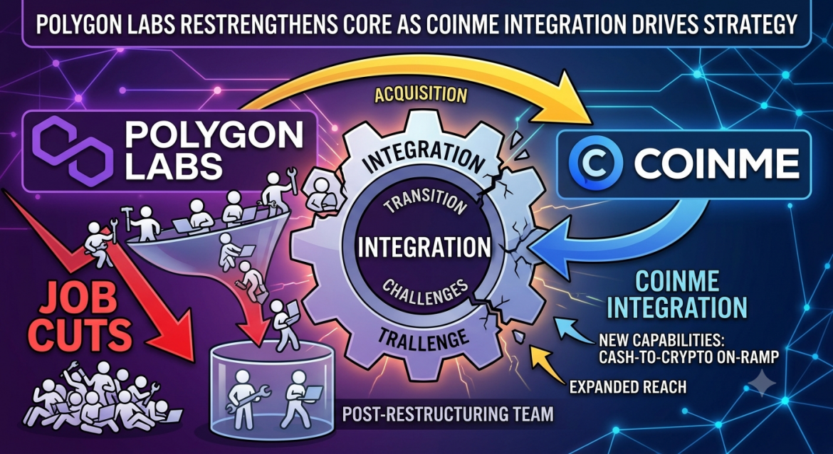 An infographic viewed on a DSLR camera screen detailing the corporate restructuring of Polygon Labs and its integration with Coinme. It visually separates the severe workforce reduction at Polygon Labs on the left from the strategic integration process and business benefits on the right, all converging on a fractured central gear labeled 'Acquisition' and 'Integration Challenges.'