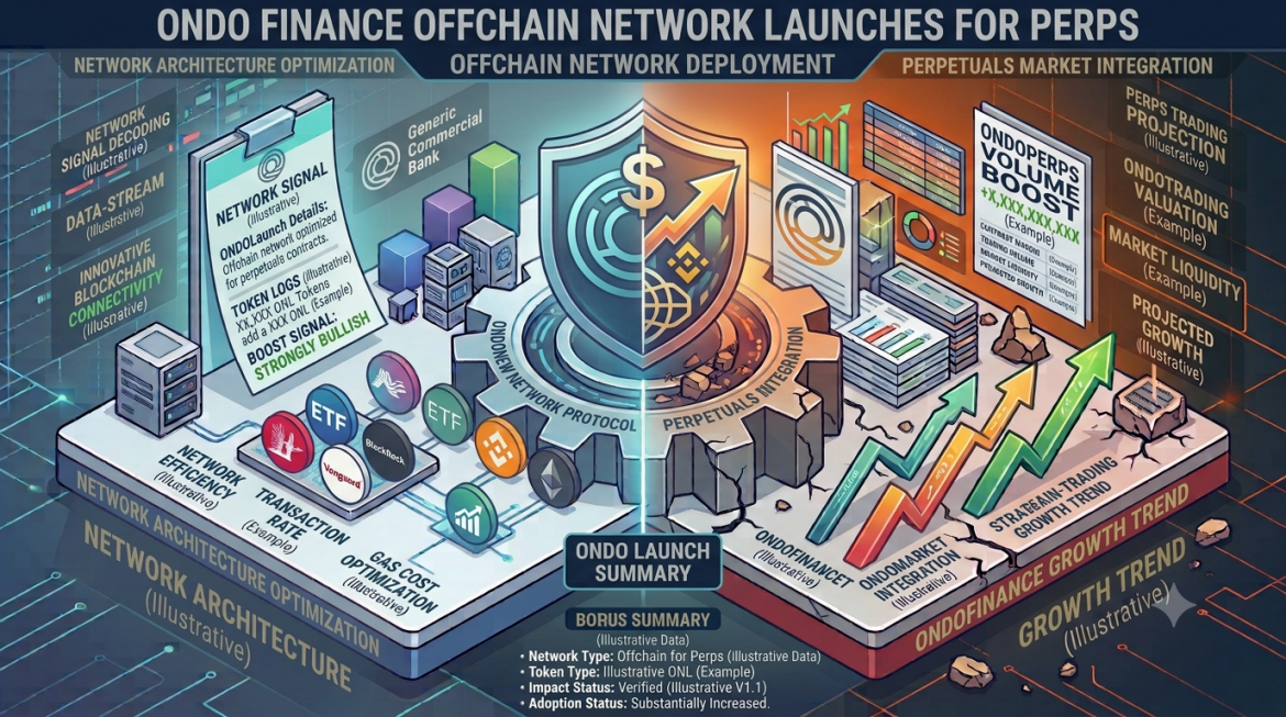 A dual-themed isometric blockchain architecture infographic split down the center by a central gear mechanism. The left side is styled in cool cyan and blue, displaying offchain network optimization with text reading "NETWORK ARCHITECTURE OPTIMIZATION," a clipboard showing "ONDO Launch Details," and ecosystem logos for Ondo Finance, Ethereum, and major institutional providers. The right side transitions into a warm orange and dark grid theme featuring a gear marked "PERPETUALS INTEGRATION," a green and orange upward growth chart labeled "ONDOFINANCE GROWTH TREND," and a document displaying "ONDO PERPS VOLUME BOOST."