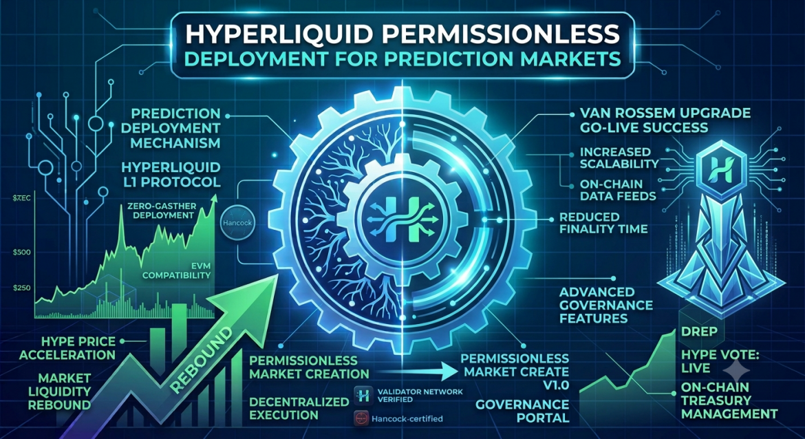 A complex technical infographic in brilliant blue and bright green neon tones, split vertically by a central digital gear core featuring a stylized Hyperliquid logo. The left side highlights protocol mechanics, showcasing a rising green price chart labeled "HYPE PRICE ACCELERATION" and "MARKET LIQUIDITY REBOUND" alongside a prominent upward green arrow marked "REBOUND." The right side depicts a futuristic, crystalline obelisk structure topped with a glowing hexagonal Hyperliquid "H" emblem. The surrounding text fields detail structural features such as "INCREASED SCALABILITY," "ON-CHAIN DATA FEEDS," and "REDUCED FINALITY TIME." Near the bottom right, green trend lines track active network parameters like "PERMISSIONLESS MARKET CREATE V1.0" and "HYPE VOTE: LIVE." Small branding markers for "Hancock" and "Validator Network Verified" are integrated into the dark, grid-patterned digital layout.