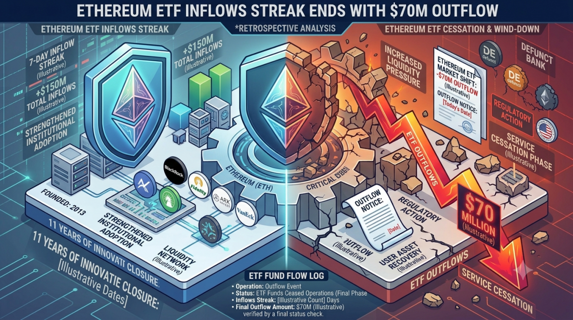 A dual-themed isometric financial market analysis infographic split down the center by a central gear core. The left side is styled in clean cyan and white, displaying an institutional growth trajectory with text reading "ETHEREUM ETF INFLOWS STREAK," a shield bearing a cyan Ethereum gem, and issuer logos for BlackRock, Fidelity, and VanEck. The right side transitions into a dark, fractured gold and orange theme featuring a cracked gear, a jagged red downward arrow, and a prominent badge reading "$70 MILLION OUTFLOW." Explanatory callouts highlight "INCREASED LIQUIDITY PRESSURE," "SERVICE CESSATION PHASE," and an "ETF FUND FLOW LOG" summarizing the daily flow reversal.