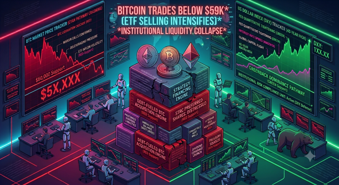 A sophisticated 3D isometric financial command center infographic visualizing a dual-track market collapse: Bitcoin crashing below $59K amidst intensified ETF selling on the left cyan platform, alongside a green DXY tracker showing a 40-year dollar high and a magenta risk dashboard tracking institutional liquidation and a SOL short squeeze on the right platform, all focused on a distressed and broken central Strategy Financing Engine stack.