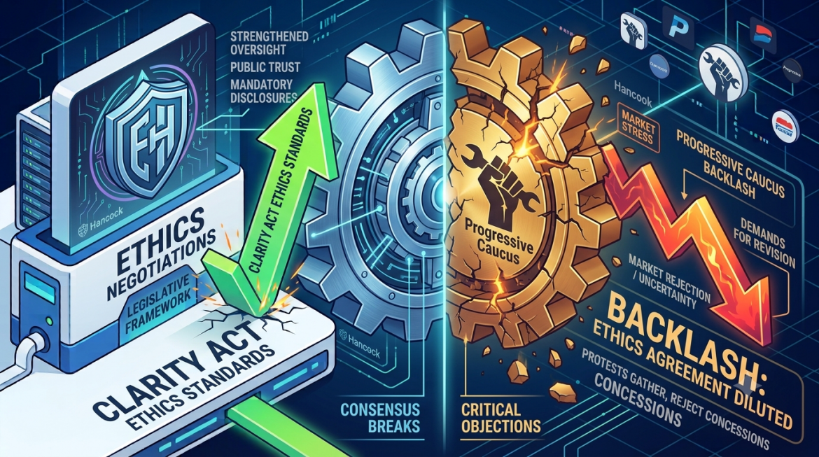 A dual-themed legislative and political infographic split vertically down the center by a central gear core. The left side is styled in clean cyan and white, featuring a terminal labeled "ETHICS NEGOTIATIONS - LEGISLATIVE FRAMEWORK," a shield icon labeled "ETH," and a neon-green upward arrow reading "CLARITY ACT ETHICS STANDARDS." The right side transitions into a dark, fractured gold and orange theme featuring a cracked gear bearing a fist-and-wrench logo labeled "Progressive Caucus." A jagged red downward arrow cuts across text reading "BACKLASH: ETHICS AGREEMENT DILUTED," surrounded by data points detailing "PROGRESSIVE CAUCUS BACKLASH," "CRITICAL OBJECTIONS," and "DEMANDS FOR REVISION." Floating political caucus and organization logos populate the background grid.