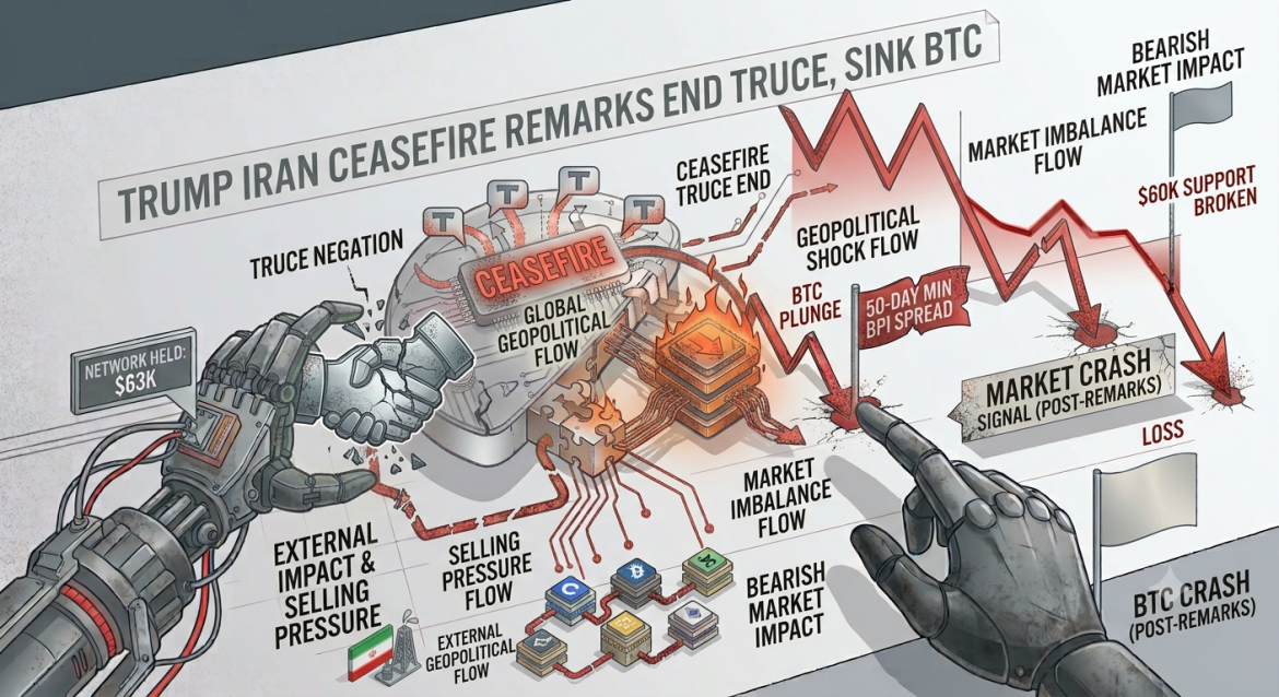 A complex technical infographic with robot hands and distressed data visuals, centered on a massive Bitcoin plunge. It shows a crumbling 'CEASEFIRE' handshake, leading into a global geopolitical data core with generic 'T' speech bubble icons. A steep, plunging red line graph points to a crash signal, illustrating how geopolitical events negated a truce and sank Bitcoin.