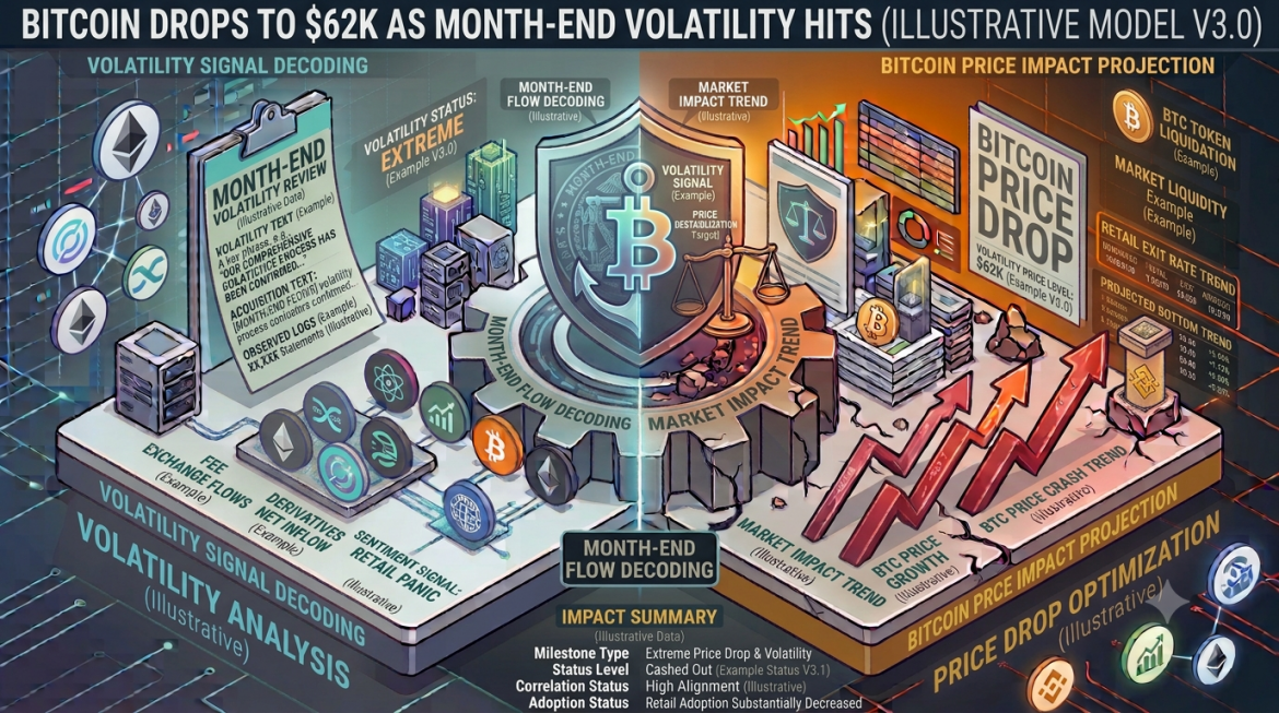 An isometric market analysis infographic mapping Bitcoin's price drop to the $62K level during month-end trading volatility. The image is split down the center by a central gear mechanism labeled 'MONTH-END FLOW DECODING' and 'MARKET IMPACT TREND', along with a central split shield holding a anchor and a Bitcoin symbol on a tilted balance scale. The header banner reads 'BITCOIN DROPS TO $62K AS MONTH-END VOLATILITY HITS (ILLUSTRATIVE MODEL V3.0)'. The left half, in cool cyan, shows a research clipboard reading 'MONTH-END VOLATILITY REVIEW' with metrics for derivatives net inflows and exchange flows. The right half, in deep amber and red, features downward and jagged red trends labeled 'BTC PRICE CRASH TREND' alongside data displays for 'BITCOIN PRICE DROP' highlighting the $62K target level. A bottom status panel logs an 'IMPACT SUMMARY'.