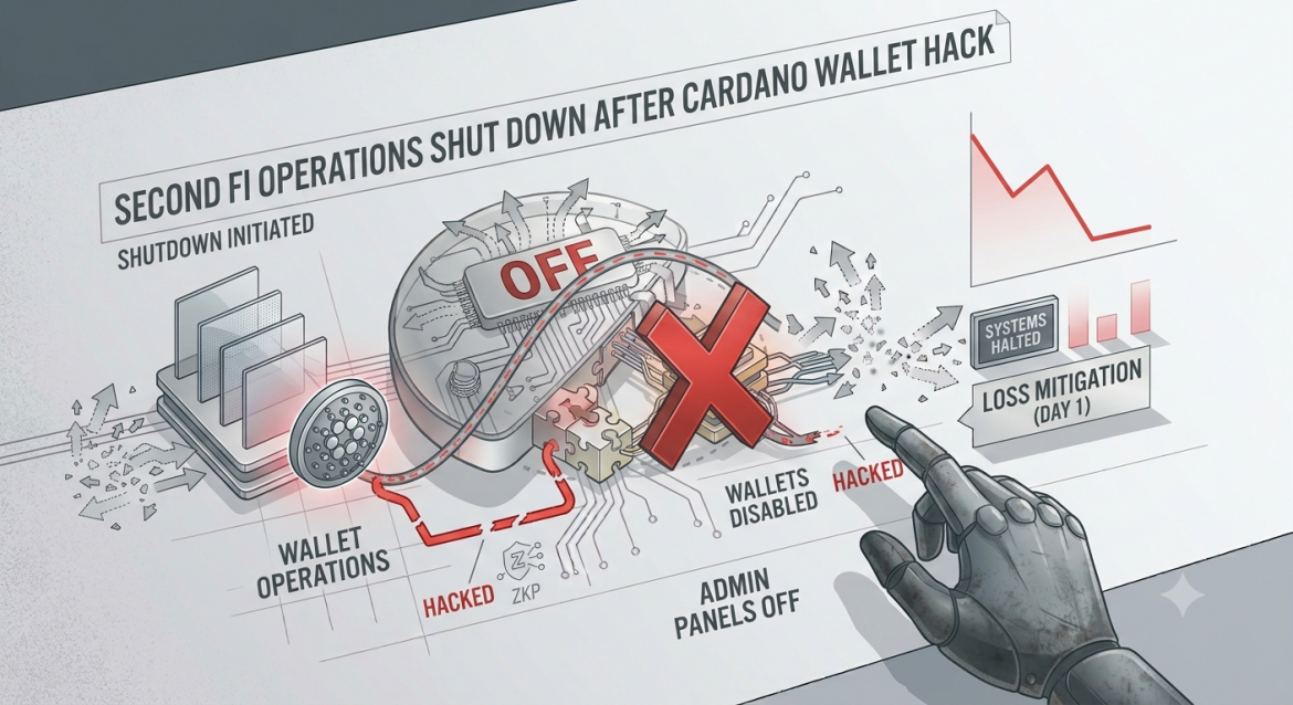 Isometric tech illustration of a red 'X' over SecondFi network and wallet, and a downward trend chart after a Cardano wallet hack.