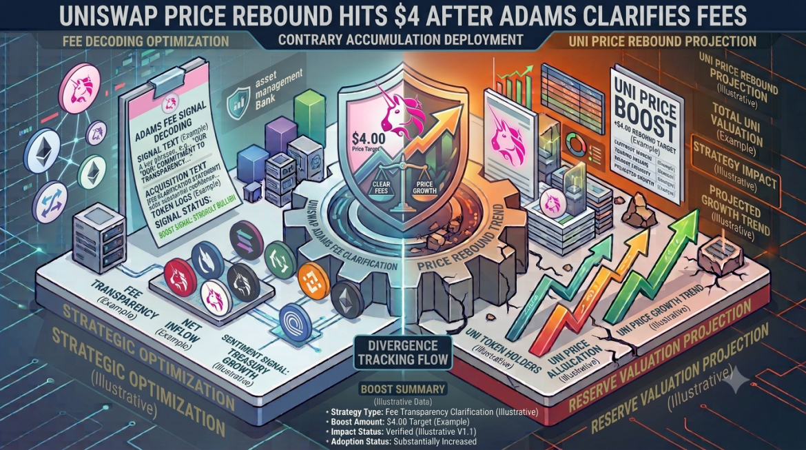 A dual-themed isometric crypto market analysis infographic split down the center by a central gear core. The left side is styled in cool cyan and blue, displaying protocol fee analysis with text reading "FEE DECODING OPTIMIZATION," a clipboard showing "ADAMS FEE SIGNAL DECODING," and Uniswap unicorn logos alongside Ethereum and DeFi network nodes. The right side transitions into a warm orange and dark grid theme labeled "UNI PRICE REBOUND PROJECTION," featuring a central gear marked "PRICE REBOUND TREND," a glowing green shield displaying "$4.00 Price Target" with a Uniswap logo, and an upward growth chart labeled "UNI PRICE GROWTH TREND." A summary panel titled "BOOST SUMMARY" logs key market metrics.