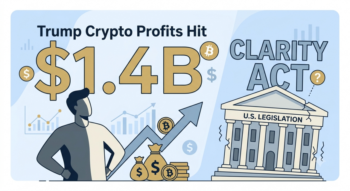 Editorial vector illustration showing high crypto profits on the left versus a cracking legislative building labeled CLARITY ACT on the right, representing doubt.