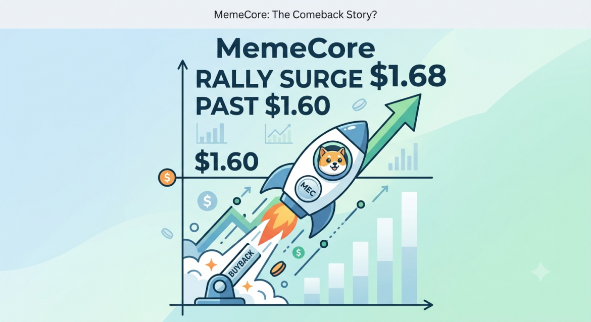 A crypto price chart illustration with a rocket labeled MEC surging past a large '$1.60' and a smaller '$1.68' price tag, with a 'BUYBACK' button at the base.