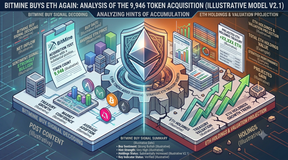 A dual-themed isometric corporate treasury infographic split down the center by a central gear core. The left side is styled in cool cyan and blue, displaying transaction signal decoding with text reading "BITMINE BUY SIGNAL DECODING," a clipboard showing an official record reading "BitMine adds a substantial position... TOKEN COUNT: 9,946," and network nodes labeled "TREASURY GROWTH" and "MARKET CONFIDENCE." The right side transitions into a warm orange and dark grid theme featuring a central gear marked "STRATEGIC ETH TREASURY GROWTH," a glowing green upward chart array labeled "ETH HOLDINGS GROWTH TREND," and a document reading "PROJECTED ETH HOLDINGS TREASURY." A summary panel titled "BITMINE BUY SIGNAL SUMMARY" logs key treasury status metrics.