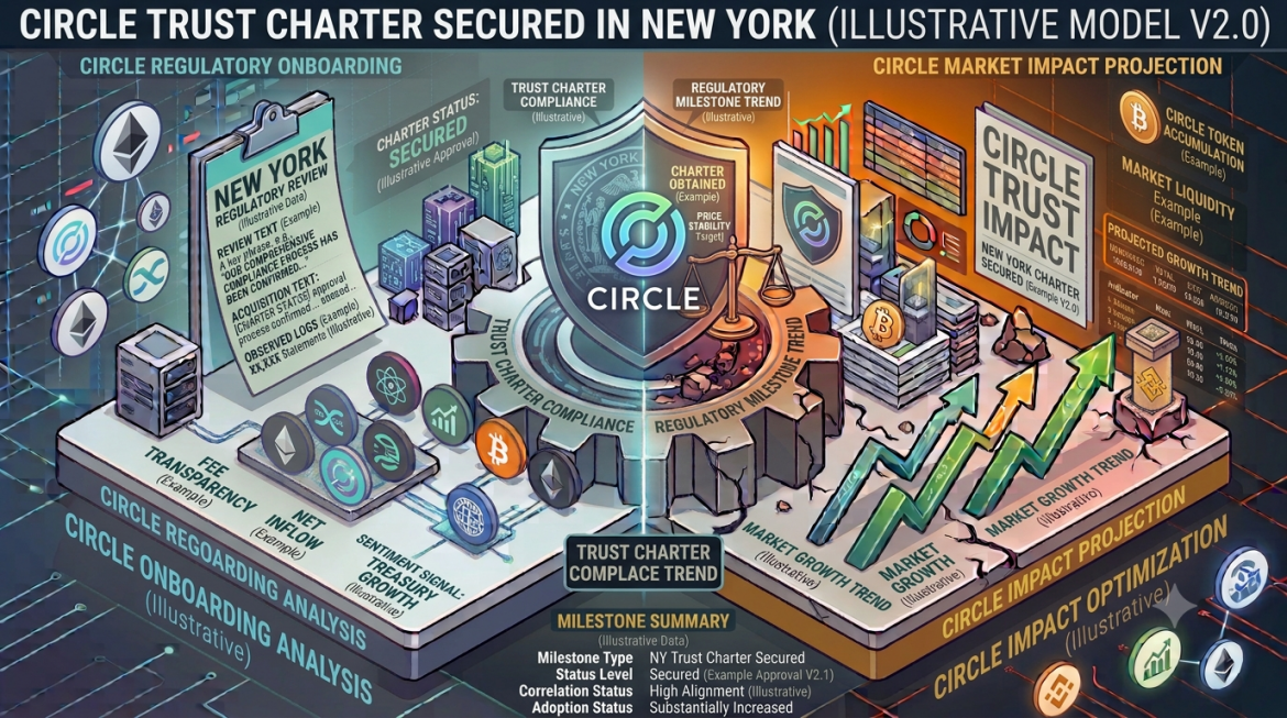 A detailed isometric regulatory analysis infographic mapping Circle's approval for a New York Trust Charter. The image is split symmetrically down the center by a large mechanical gear and split shield. The header banner reads 'CIRCLE TRUST CHARTER SECURED IN NEW YORK (ILLUSTRATIVE MODEL V2.0)'. The left half, in cool cyan and blue, displays compliance onboarding metrics, a clipboard titled 'NEW YORK REGULATORY REVIEW', and logos for Circle, USDC, and Ethereum. The right half, in warm gold and orange, visualizes market impact projections with upward-trending green growth charts, data tables for 'CIRCLE TRUST IMPACT', and callouts for 'REGULATORY MILESTONE TREND'. A bottom status panel logs 'TRUST CHARTER COMPLIANCE TREND' metrics.