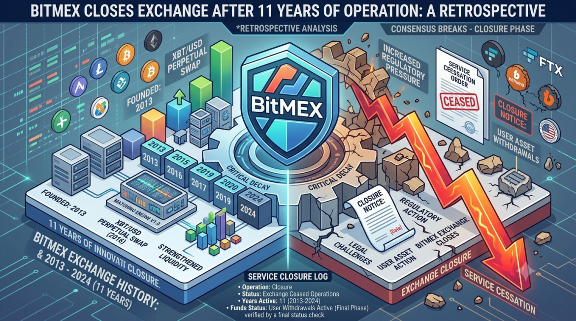 A dual-themed isometric crypto market retrospective infographic split down the center by a central gear core. The left side is styled in clean cyan and white, displaying early exchange history with text reading "11 YEARS OF INNOVATION: BITMEX EXCHANGE HISTORY," a shield icon displaying the BitMEX logo, and a matching engine module. The right side transitions into a dark, fractured gold and orange theme featuring a cracked gear, a jagged red downward arrow labeled "SERVICE CESSATION," and a document stamped "SERVICE CESSATION ORDER: CEASED." Explanatory labels highlight "INCREASED REGULATORY PRESSURE," "CLOSURE NOTICE: USER ASSET WITHDRAWALS," and a "SERVICE CLOSURE LOG" detailing the orderly sunset timeline.