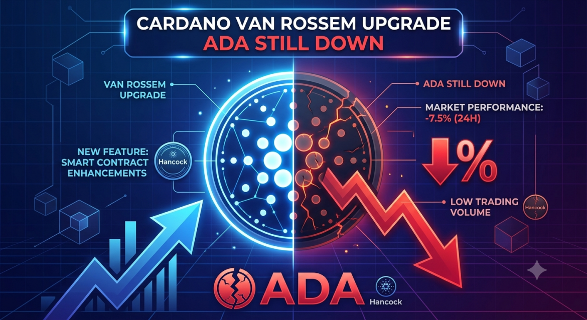 A complex digital infographic split vertically. The left half features a bright blue, glowing Cardano logo and a rising green arrow with text about "Van Rossem Upgrade" and "New Feature: Smart Contract Enhancements." The right half shows a dark, red-fissured, crumbling Cardano logo with a large, jagged downward red arrow, indicating "ADA STILL DOWN" with data about "-7.5% (24H)" market performance and "Low Trading Volume." Text labels with "Hancock" are near multiple logos.