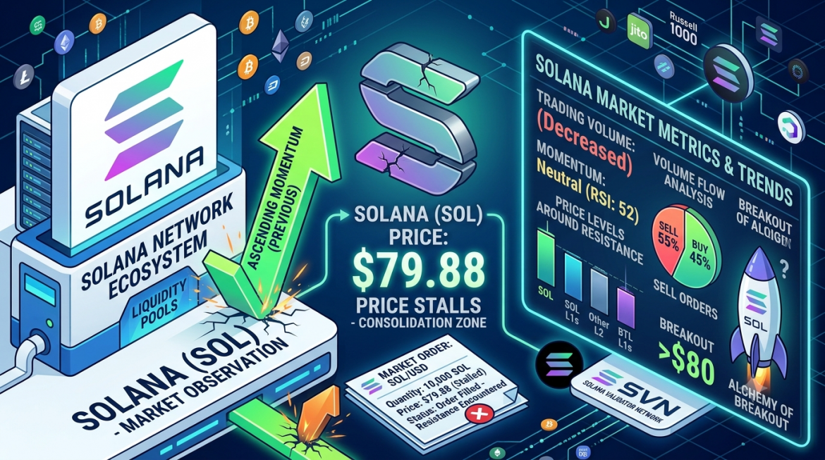 An isometric market analysis infographic detailing Solana's price consolidation. On the left, a high-tech hardware chassis displays the "Solana" logo and text reading "SOLANA NETWORK ECOSYSTEM - LIQUIDITY POOLS." A neon-green arrow labeled "ASCENDING MOMENTUM (PREVIOUS)" hits a physical barrier, creating cracks. In the center, a large, fractured 3D metallic Solana "S" logo hovers above the text "SOLANA (SOL) PRICE: $79.88 PRICE STALLS - CONSOLIDATION ZONE" and a stalled market order receipt marked with a red "X". The right side features a glowing blue telemetry screen titled "SOLANA MARKET METRICS & TRENDS," displaying a "Decreased" trading volume warning, a "Neutral (RSI: 52)" momentum gauge, a pie chart showing 55% sell orders versus 45% buy orders, and a rocket ship labeled "SOL" questioning a "BREAKOUT >$80." The background consists of dark blue network circuit lines with scattered altcoin icons.