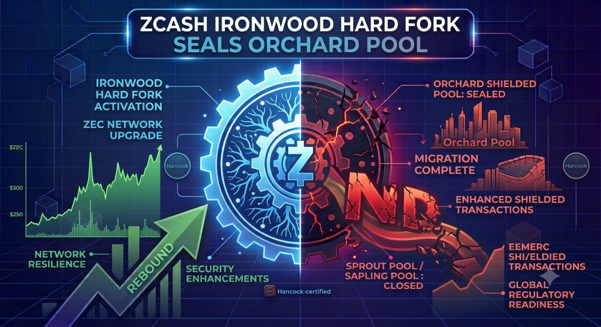 A technical infographic in a futuristic digital style, split down the middle by a glowing central gear. The left half is bright blue and cool, featuring the Zcash 'Z' logo, intricate tree-like branching, and upward green arrows, symbolizing orderly progress for 'ZCASH IRONWOOD HARD FORK ACTIVATION' and 'ZEC NETWORK UPGRADE'. A green price chart with 'Hancock' markers shows a 'REBOUND'. The right half is dark red and fiery, showing a receding crumbling city and pool-like structure. It features text about 'UNCERTAINTY', and new market fields with 'ENHANCED SHIELDED TRANSACTIONS' and 'GLOBAL REGULATORY READINESS', indicating a positive reversal. A direct arrow links the receding older 'SPROUT POOL / SAPLING POOL' to the new 'ORCHARD POOL'. Text boxes on the red side point to 'ORCHARD SHIELDED POOL: SEALED' and other positive goals. Multiple small 'Hancock' logos are integrated throughout.