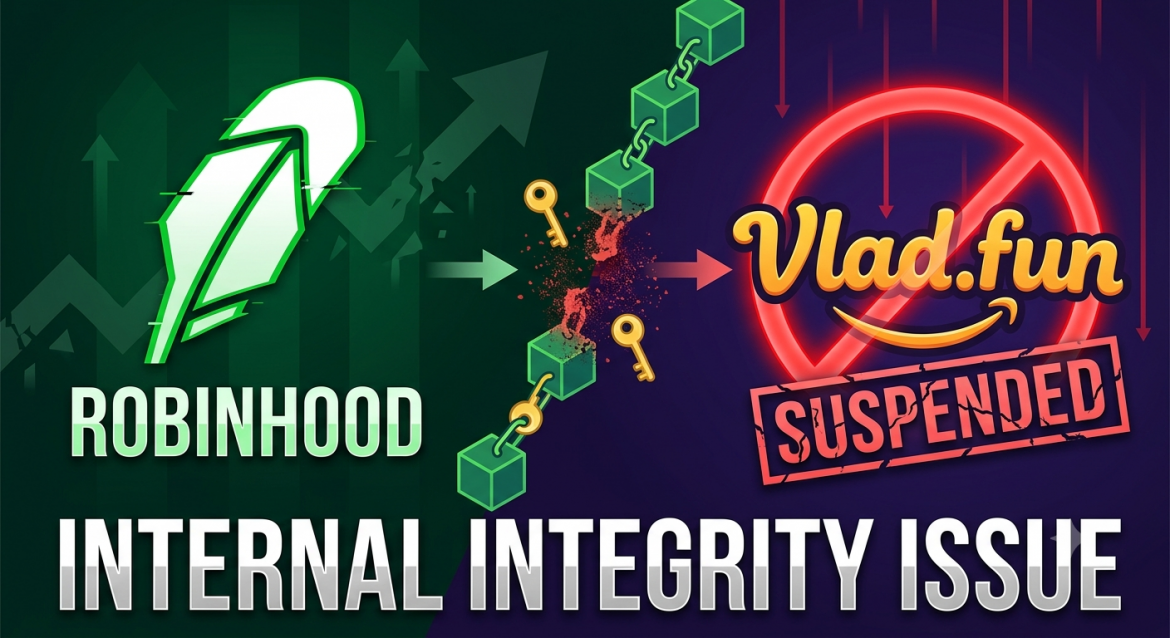 A digital illustration and infographic with a split design. The left side shows the Robinhood feather logo and name on a dark green background with rising graphs. The right side features a playful yellow and orange "Vlad.fun" logo with a smile, enclosed in a glowing red "no" symbol with a red "SUSPENDED" stamp below it. Connecting them is a crumbling chain of data cubes with keys breaking off. Bold text at the bottom reads "INTERNAL INTEGRITY ISSUE." A red arrow points from the broken chain to the suspended "Vlad.fun" logo.