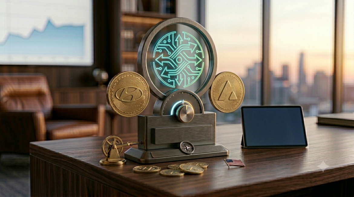 A custom dark metal and glass commemorative display device sits on an executive desk at twilight, showcasing a central glowing turquoise Avalanche AVAX logo. A large gold-colored physical coin stamped with a Hyundai logo stands on the left, and a matching gold AVAX coin stands on the right. A tablet displaying a clean dark interface rests nearby alongside gold coins in a sophisticated corporate office.