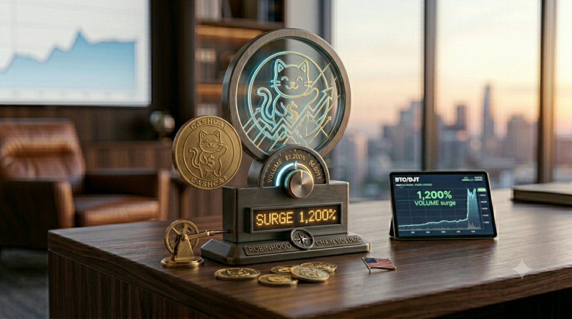A complex steampunk-style physical display on a luxury executive desk, labeled 'Robinhood Chain Volume,' with a large metal coin featuring a cartoon cat and dollar sign logo to the left. A dial on the display points to 'SURGE 1,200%,' and a small tablet nearby shows a parabolic upward growth chart with text '1,200% volume surge.' The scene is in a city office at sunset.