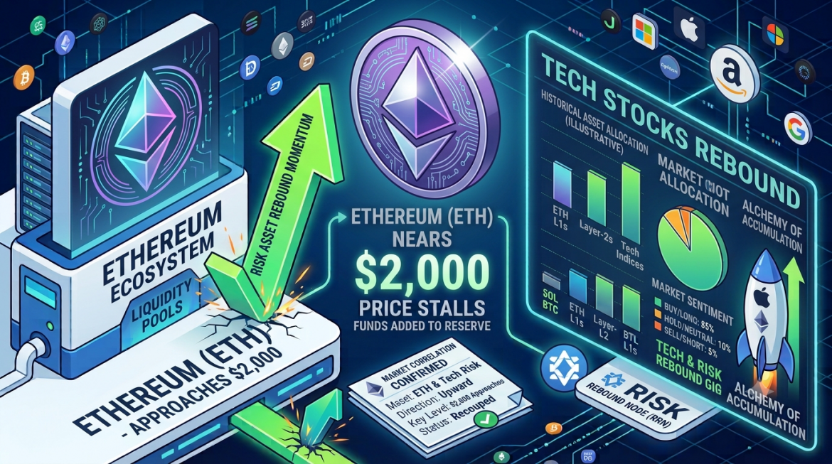An isometric financial infographic depicting Ethereum's price movement toward the $2,000 resistance level alongside a broader risk asset recovery. On the left, a high-tech corporate terminal displays "ETHEREUM ECOSYSTEM - LIQUIDITY POOLS" with a neon-green upward arrow labeled "RISK ASSET REBOUND MOMENTUM." In the center, a large 3D metallic Ethereum emblem sits inside a circular ring above the text "ETHEREUM (ETH) NEARS $2,000" and a market correlation confirmation receipt stamped with a green checkmark. The right side features a glowing blue telemetry screen titled "TECH STOCKS REBOUND," showing historical asset allocation bar charts, market sentiment metrics, big-tech corporate logos (Apple, Amazon, Google, Microsoft), and a rocket ship stamped with the ETH logo launching upward labeled "TECH & RISK REBOUND GIG." The background consists of a dark blue circuit grid populated with floating cryptocurrency icons.