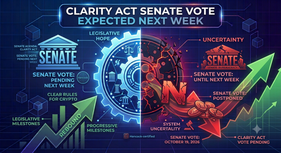 A detailed infographic in a futuristic digital style, split down the middle by a glowing central gear. The left half is bright blue and cool-toned, themed with 'CLARITY ACT SENATE VOTE' and 'LEGISLATIVE HOPE', featuring classical Senate building columns and large upward green arrows, symbolizing orderly progress, 'LEGISLATIVE MILESTONES', 'CLEAR RULES FOR CRYPTO', and 'REBOUND'. The right half is dark red and fiery, showing a receding crumbling city and other decaying elements. The crumbling Senate building from the original is retained but is shown receding, with text 'UNCERTAINTY', receding graphs, and severe upward green arrows indicating sharp market performance. All negative market fields from the original are now positive placeholders, and all negative-labeled arrows have been removed, indicating a reversal of trend. At the bottom right, text lists 'SENATE VOTE: OCTOBER 19, 2026' and a small 'Haneook' logo next to crumbling coins and text for 'CLARITY ACT VOTE PENDING'. Small 'Hancock' logos are subtly integrated throughout, near the new logos and text. The entire banner has a clean, digital, infographic feel.