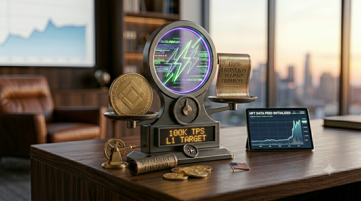 A custom titanium and glass high-throughput signal device on an executive desk at twilight, with an etched glowing lightning design. Below, a digital LED screen displays '100K TPS L1 TARGET'. A physical BNB coin balances on an ascending scale pan opposite a metallic document inscribed with 'High-Frequency Trading Protocol', with a financial data tablet nearby.
