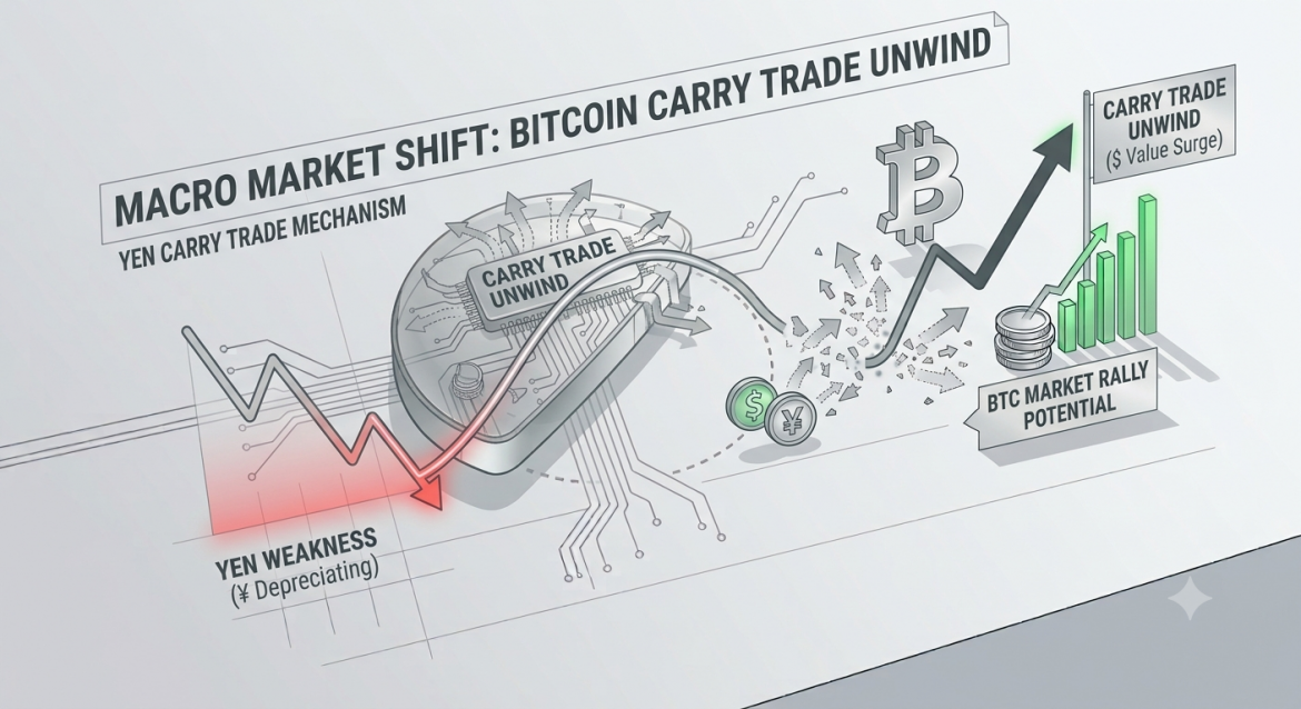 Isometric financial chart illustrating the impact of a Japanese Yen carry trade unwind on Bitcoin's price trajectory.