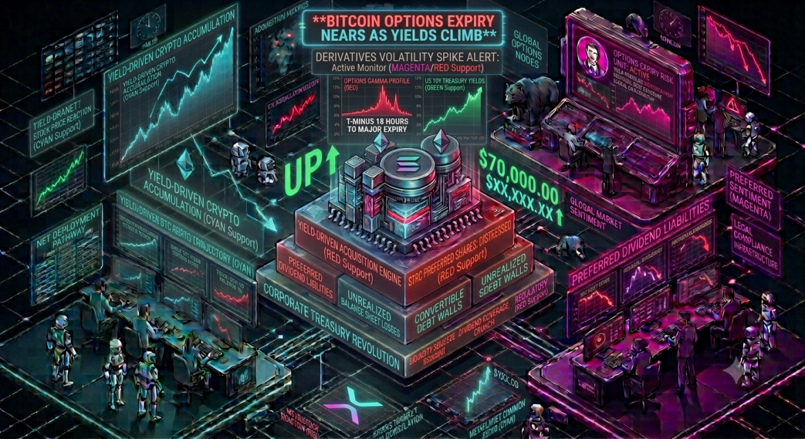 A sophisticated 3D isometric financial command center infographic visualizing a dual-track market collapse: Bitcoin crashing below $60K on the left cyan platform, alongside a green DXY tracker showing a 40-year dollar high and a magenta risk dashboard tracking institutional liquidation and a SOL short squeeze on the right platform, all focused on a distressed and broken central Strategy Financing Engine stack.