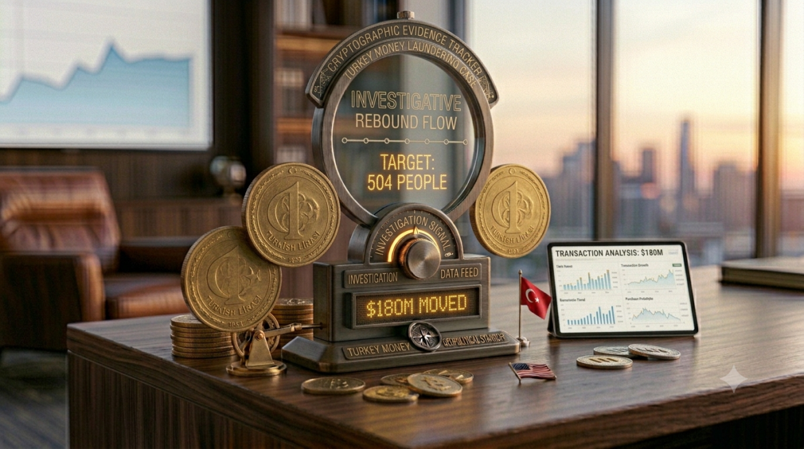 A conceptual dark metal and glass investigative display device on an executive desk, featuring an LED screen reading 'TARGET: 504 PEOPLE' and another reading '$180M MOVED.' Re-engraved plaques and top banner text reference the 'TURKEY MONEY LAUNDERING CASE.' Several large Turkish Lira coins act as weights, and a tablet displaying a light-mode transaction analysis chart sits nearby alongside miniature flags of Turkey and the United States in a sophisticated corporate office setting at twilight.