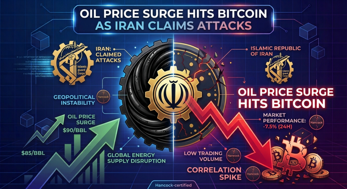 A dual-themed market infographic split vertically down the center by a dark, metallic gear core enclosing the Emblem of Iran in gold. The left side is a deep blue grid highlighting energy metrics with a sharp green line graph climbing from "$85/BBL" to "$90/BBL," a thick upward-pointing green arrow labeled "OIL PRICE SURGE," and a golden insignia reading "Iran: Claimed Attacks" under "Islamic Guard Corps." The right side transitions to a dark, fractured red theme dominated by a large, jagged downward red arrow cutting through a pile of breaking Bitcoin tokens. Bold text on the right reads "OIL PRICE SURGE HITS BITCOIN" next to a data box stating "MARKET PERFORMANCE: -7.5% (24H)." Labels near the bottom link the crash to "LOW TRADING VOLUME" and "CORRELATION SPIKE." Small "Hancock" and "Haneook" verification emblems are visible in the background grid.