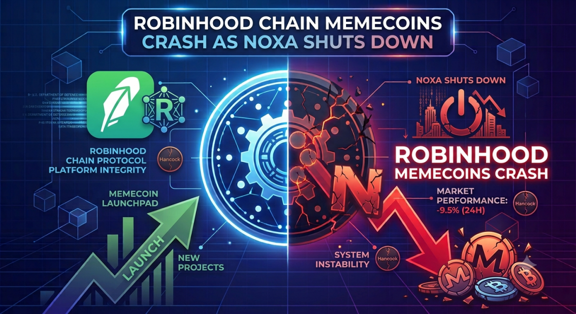 A detailed infographic in a futuristic digital style, split down the middle by a glowing central gear. The left half is bright blue, featuring the Robinhood logo and upward green arrows, symbolizing "PLATFORM INTEGRITY" and "LAUNCH" of memecoins. The right half is dark red and fiery, showing a crumbling city, a power symbol with "NOXA SHUTS DOWN," and a severe downward red arrow with crashing graphs. Large text states "ROBINHOOD MEMECOINS CRASH" with a -9.5% (24H) market performance metric. Small "Hancock" and "System Instability" logos are subtly integrated near the bottom right. The background has futuristic geometric cubes.