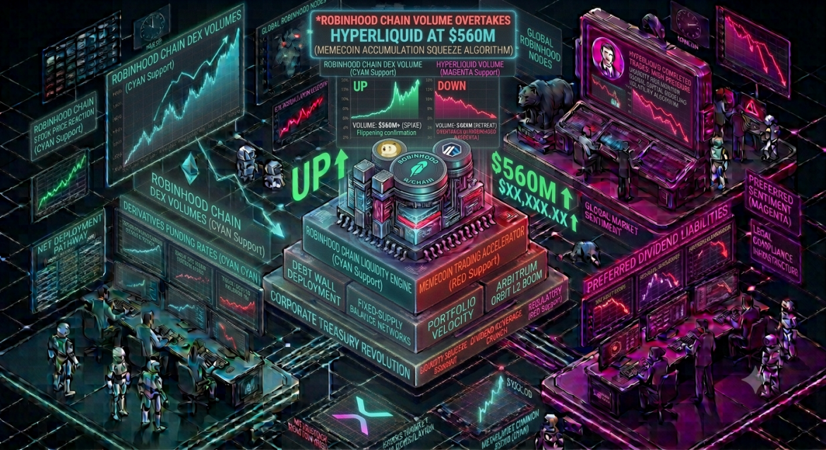 A 3D isometric crypto command center infographic showing Robinhood Chain's 24-hour DEX volume surpassing Hyperliquid at five hundred sixty million dollars, featuring a massive green-and-cyan upward chart on the left and a falling magenta trading dashboard on the right.