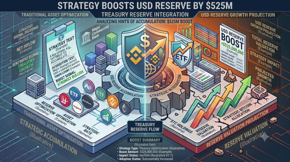 A detailed, high-tech isometric 3D infographic illustrating the process and impact of a $525M USD reserve boost via strategic accumulation and integration. The image is split down the center; the left side is cool cyan and blue, showing strategy decoding with a clipboard and network nodes. The right side is warm orange and gold, featuring a central gear marked 'STRATEGIC INTEGRATION' and a dramatic green and orange multi-arrow upward growth chart labeled 'RESERVE GROWTH TREND,' accompanied by detailed market projection data panels.