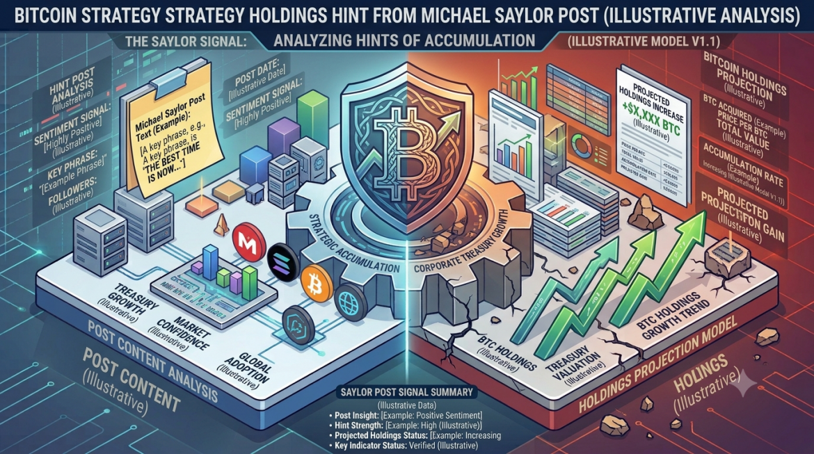 A dual-themed isometric corporate treasury infographic split down the center by a central gear mechanism. The left side is styled in cool cyan and blue, displaying social media signal analysis with text reading "POST CONTENT ANALYSIS," a clipboard displaying a post note with a key phrase reading "THE BEST TIME IS NOW," and corporate strategy modules labeled "STRATEGIC ACCUMULATION." The right side transitions into a warm orange and dark grid theme featuring a gear marked "CORPORATE TREASURY GROWTH," a glowing green upward chart array labeled "BTC HOLDINGS GROWTH TREND," and a document reading "PROJECTED HOLDINGS INCREASE." A summary panel titled "SAYLOR POST SIGNAL SUMMARY" logs key market metrics.