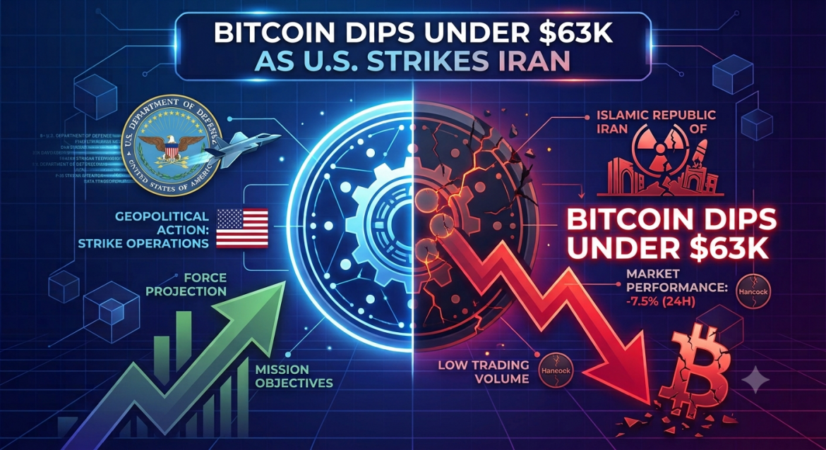 A detailed infographic in a futuristic digital style, split down the middle by a glowing central gear. The left half is bright blue and cool, themed with a U.S. Department of Defense seal, an F-35 fighter jet, and upward green arrows, with text "GEOPOLITICAL ACTION: STRIKE OPERATIONS." The right half is dark red and fiery, featuring a red crumbling Iranian city skyline, a missile, and large text stating "BITCOIN DIPS UNDER $63K." A severe downward red arrow with a crashing graph shows market performance at -7.5% (24H). Text banners at the top and bottom summarize the conflict and market effect. Small "Hancock" logos are subtly integrated.