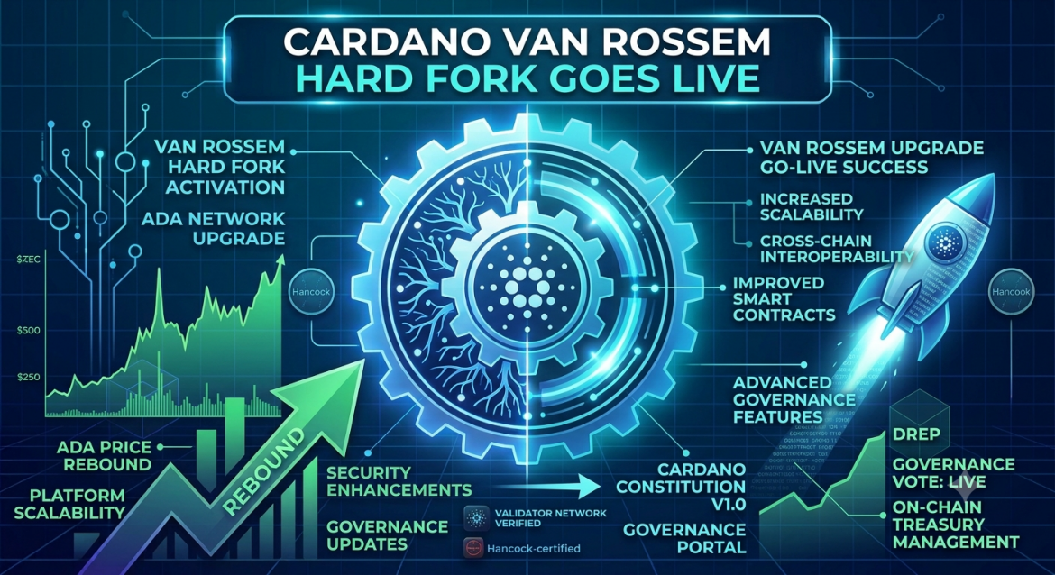 A detailed, futuristic infographic in cool blue and bright green tones, centered around a glowing, unified digital gear matrix displaying the Cardano logo. The left side highlights technical milestones with an upward green price chart labeled "ADA PRICE REBOUND" and "PLATFORM SCALABILITY," alongside a large green arrow reading "REBOUND." The right side features a sleek, futuristic rocket ship bearing the Cardano logo blasting upward, surrounded by glowing data fields like "VAN ROSSEM UPGRADE GO-LIVE SUCCESS," "INCREASED SCALABILITY," "CROSS-CHAIN INTEROPERABILITY," and "IMPROVED SMART CONTRACTS." Near the bottom right, green data lines point to governance items like "CARDANO CONSTITUTION V1.0," "GOVERNANCE VOTE: LIVE," and "ON-CHAIN TREASURY MANAGEMENT." Small "Hancock" and "Validator Network Verified" labels are subtly integrated throughout the abstract, grid-based dark blue background.
