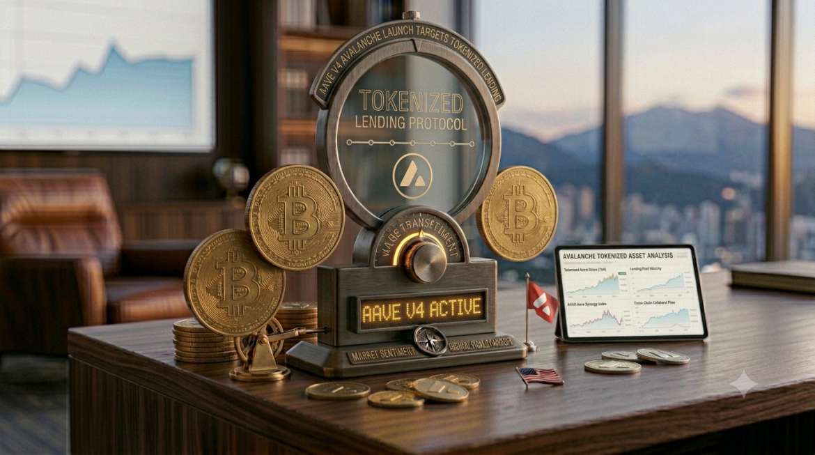 A conceptual dark metal and glass investigative tracking display device on an executive desk, featuring an LED screen reading 'AAVE V4 ACTIVE,' '$750M TAV,' and 'COLLATERAL FLOW.' Re-engraved plaques and top banner text reference the 'AAVE V4 AVALANCHE LAUNCH.' Several large gold Avalanche tokens act as weights, and a tablet displaying a light-mode 'AVALANCHE TOKENIZED ASSET ANALYSIS' chart sits nearby alongside a small Avalanche flag in a sophisticated corporate office setting at twilight, overlooking a mountain landscape.