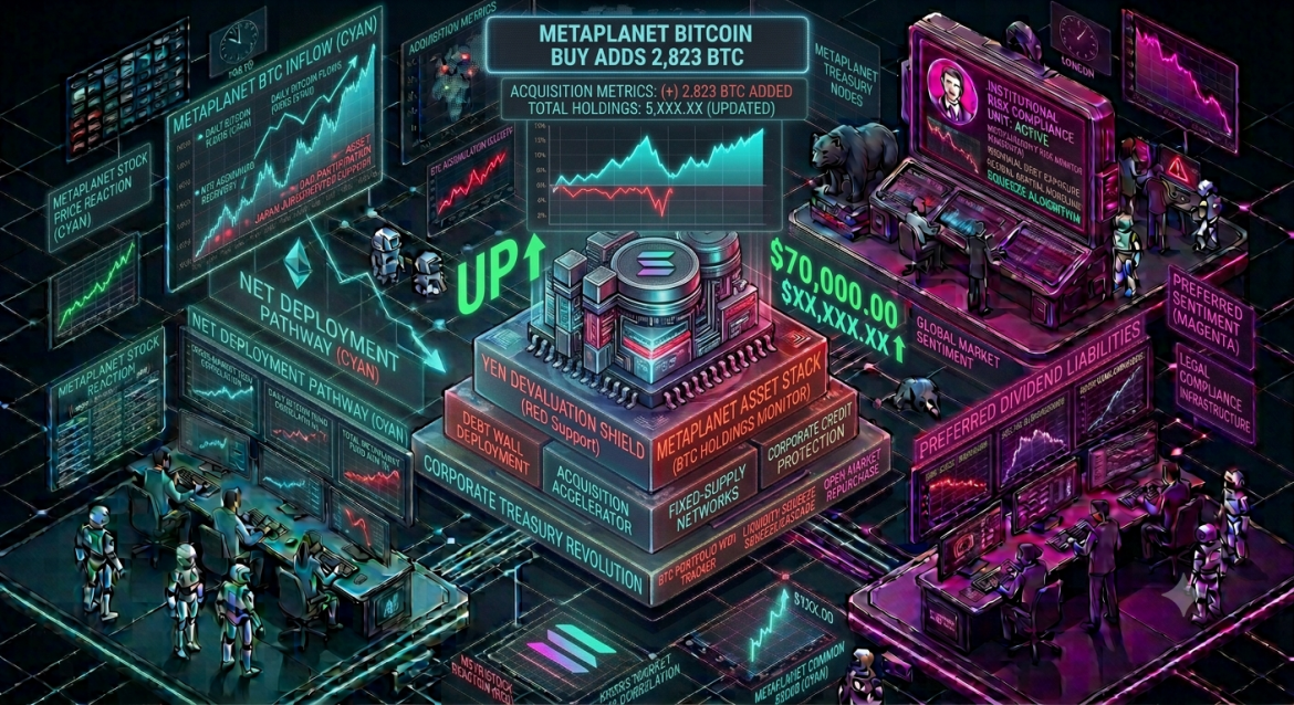 An isometric treasury operations infographic tracking Metaplanet's major corporate Bitcoin acquisition, featuring a central asset stack with a glowing BTC logo showing an addition of 2,823 BTC, flanked by a cyan yen volatility monitor on the left and a magenta corporate compliance dashboard on the right.