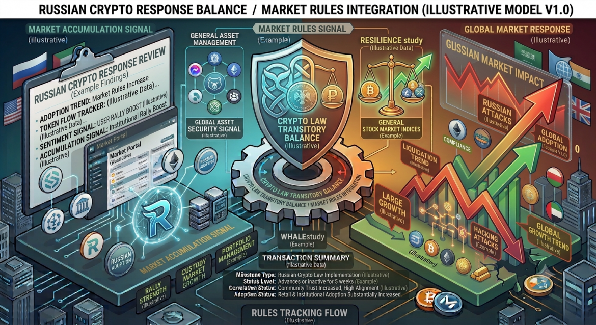 An isometric legal and cryptocurrency market analysis infographic detailing new Russian market rules signed into law. The composition is split down the center by a mechanical gear mechanism labeled 'CRYPTO LAW TRANSITORY BALANCE / MARKET RULES INTEGRATION' underneath a split shield combining node network loops with a Russian double-headed eagle emblem and a Ruble token symbol. The header banner reads 'RUSSIAN CRYPTO RESPONSE BALANCE / MARKET RULES INTEGRATION (ILLUSTRATIVE MODEL V1.0)'. The left side, in cool cyan and blue, displays a research clipboard titled 'RUSSIAN CRYPTO RESPONSE REVIEW' alongside a glowing Cyrillic 'R' logo on a platform labeled 'RUSSIAN ADOPTION'. The right side, in warm gold and red, shows rising growth trend vectors labeled 'RUSSIAN MARKET IMPACT' and 'GLOBAL ADOPTION' alongside compliance badges, stock market scales, and crypto token icons for Bitcoin and Ethereum above a data board. A bottom status panel logs the 'TRANSACTION SUMMARY'.