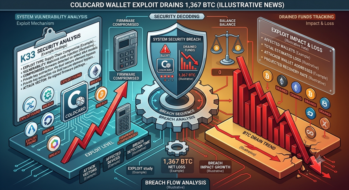An isometric cybersecurity analysis infographic detailing a hardware wallet breach and funds drain scenario. The canvas is split down the center by a central gear core labeled 'BREACH SEQUENCE / BREACH ANALYSIS' and a central shield displaying 'SYSTEM SECURITY BREACH' with an alert badge and a 'DRAINED FUNDS' chart. The header banner reads 'COLDCARD WALLET EXPLOIT DRAINS 1,367 BTC (ILLUSTRATIVE NEWS)'. The left side, in cool cyan, features a research clipboard titled 'K33 SECURITY ANALYSIS' detailing vulnerability notes alongside a hardware wallet model marked 'FIRMWARE COMPROMISED'. The right side, in deep amber and red, displays a plunging red bar chart titled 'BTC DRAIN TREND' next to a panel detailing 'EXPLOIT IMPACT & LOSS'. A bottom status module summarizes the 'BREACH FLOW ANALYSIS'.