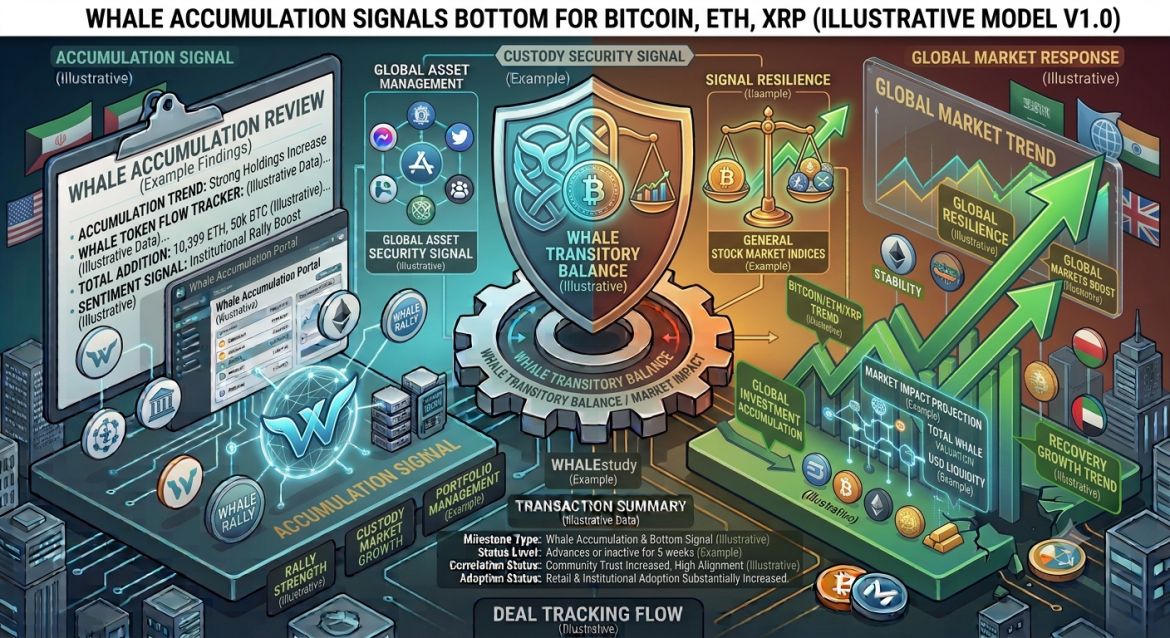 An isometric crypto market telemetry infographic illustrating whale wallet accumulation as a market bottom indicator for Bitcoin, Ethereum, and XRP. The layout is split down the middle by a central gear mechanism labeled 'WHALE TRANSITORY BALANCE / MARKET IMPACT' underneath a split shield combining node network loops with a Bitcoin token symbol and balance scale. The header banner reads 'WHALE ACCUMULATION SIGNALS BOTTOM FOR BITCOIN, ETH, XRP (ILLUSTRATIVE MODEL V1.0)'. The left side, in cool cyan and blue, displays a research clipboard titled 'WHALE ACCUMULATION REVIEW' alongside a glowing whale logo emblem on an 'ACCUMULATION SIGNAL' platform. The right side, in warm green and gold, features an upward market trend vector labeled 'BITCOIN/ETH/XRP TREND' and 'GLOBAL RESILIENCE' alongside token logos for BTC, ETH, and XRP above a data panel for 'GLOBAL MARKET TREND'. A bottom status panel logs the 'TRANSACTION SUMMARY'.